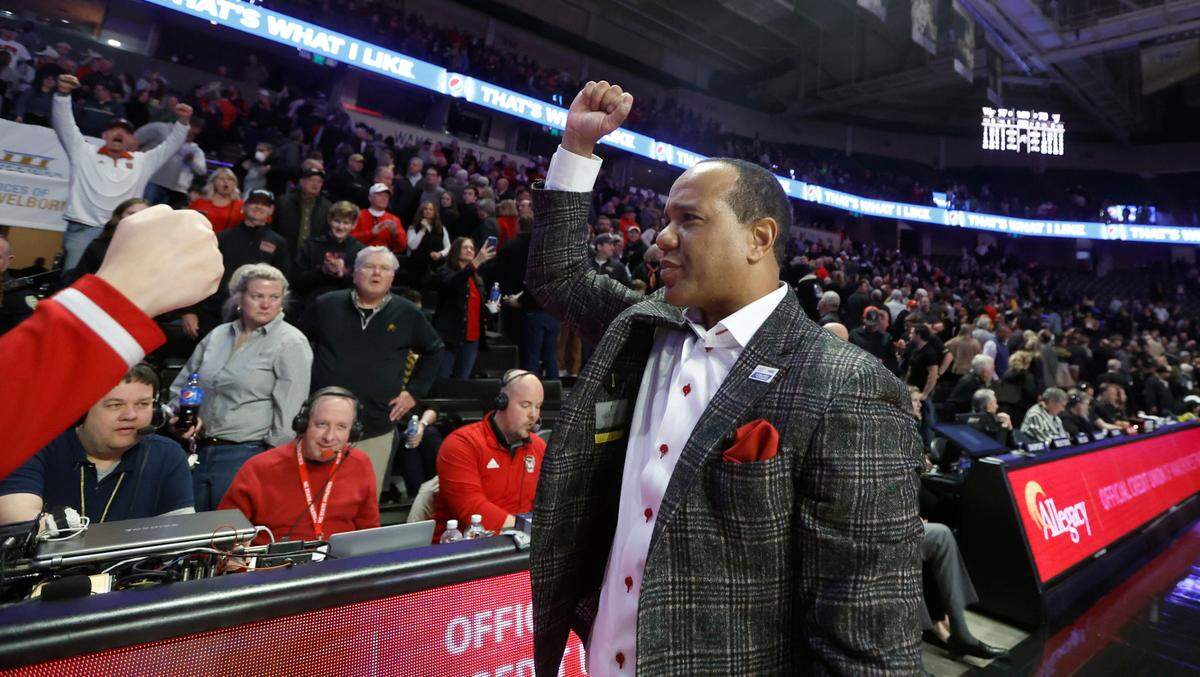N.C. State’s head coach Kevin Keatts celebrates after N.C. State’s 79-77 victory over Wake Forest at Joel Coliseum in Winston-Salem, N.C., Saturday, Jan. 28, 2023.