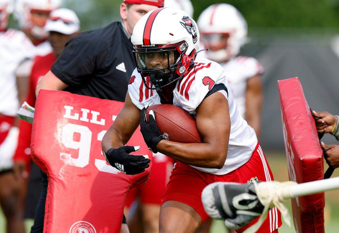 N.C. State running back Michael Allen (2) runs a drill during the Wolfpack’s first fall practice in Raleigh, N.C., Wednesday, August 2, 2023.