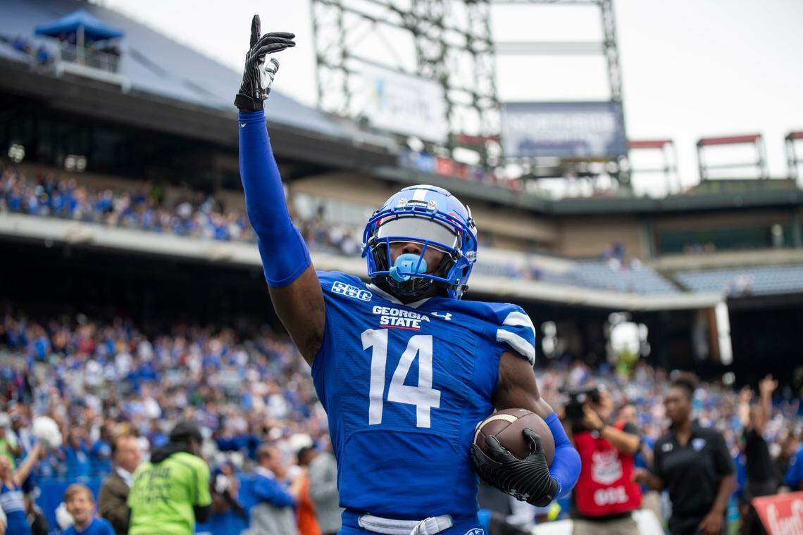 Georgia State wide receiver Robert Lewis reacts after touchdown in the second half of an NCAA college football game against North Carolina Saturday, Sept. 10, 2022, in Atlanta.