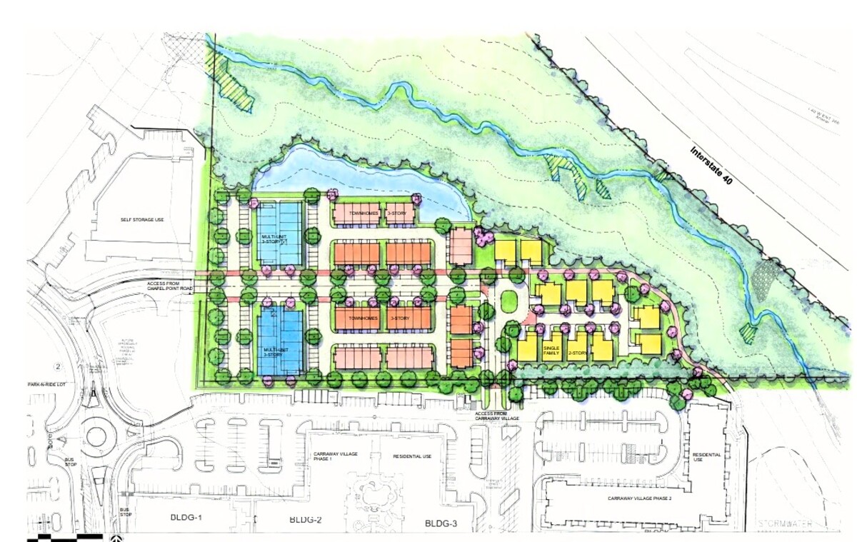 A mix of single-family homes, apartments and townhomes -- all of them for rent -- could be built in phase three of Carraway Village’s mixed-use community plan. The 55-acre neighborhood is located off Eubanks Road near Interstate 40.