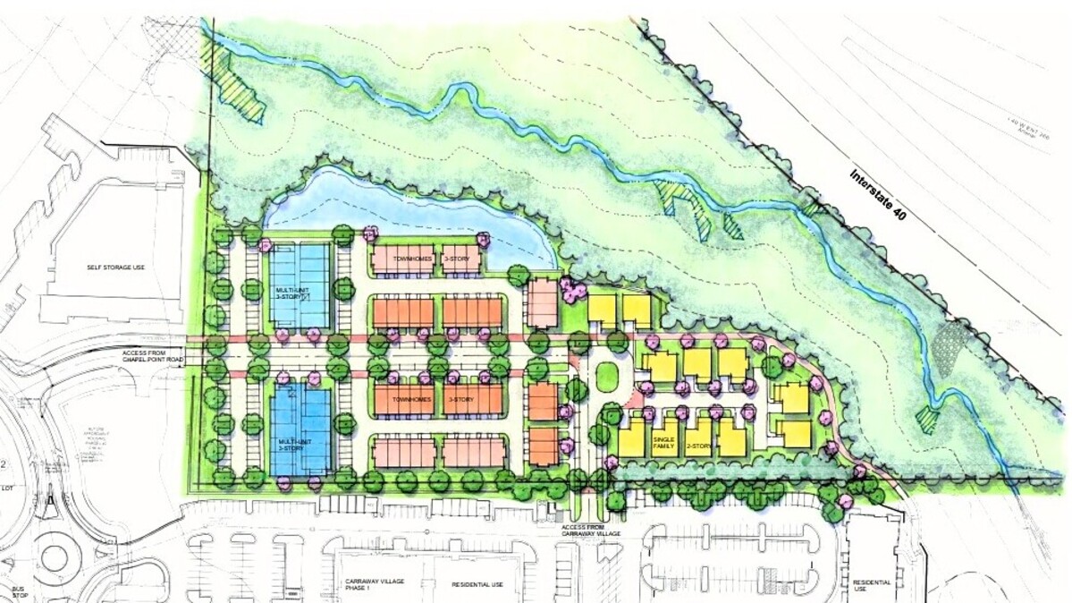 A mix of single-family homes, apartments and townhomes -- all of them for rent -- could be built in phase three of Carraway Village’s mixed-use community plan. The 55-acre neighborhood is located off Eubanks Road near Interstate 40.