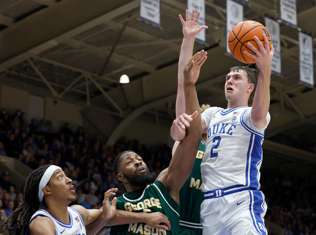 Duke’s Cooper Flagg lays the ball up during the second half of the Blue Devils’ 68-47 win over George Mason on Tuesday, Dec. 17, 2024, at Cameron Indoor Stadium in Durham, N.C.