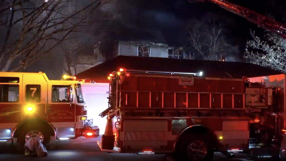A three-alarm fire engulfed portions of a building at the Camden Westwood Apartments on Summit Ridge Loop in Morrisville, Monday night, Feb. 23, 2026. ABC11 reports that five people were treated for smoke-related injuries, according to Town of Morrisville spokesperson Erin Hudson. One person was taken to the UNC Burn Center for treatment.