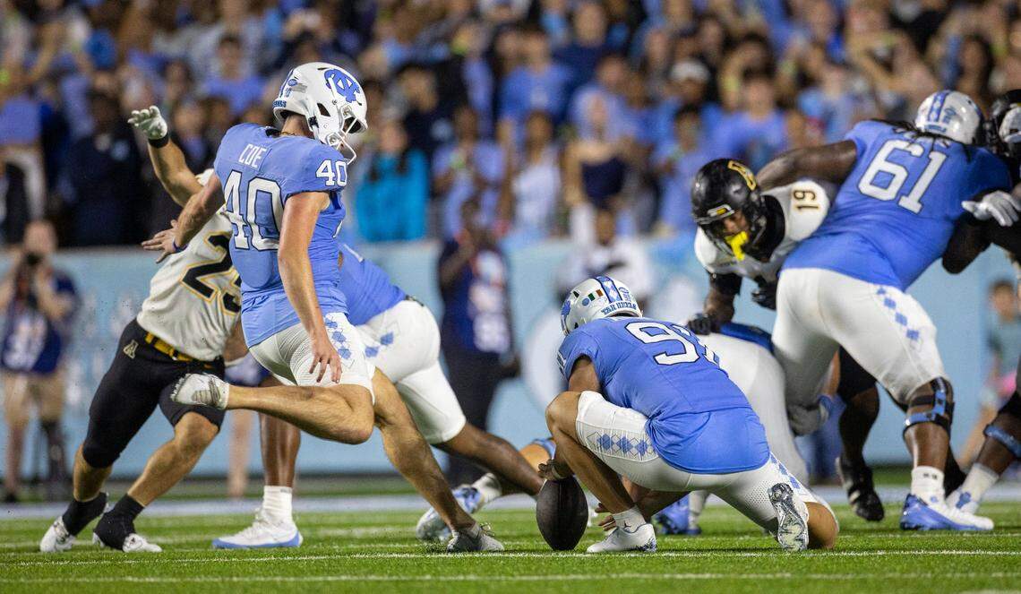 North Carolina kicker Ryan Coe attempts a 39-yard field goal on the final play of the fourth quarter against Appalachian State on Saturday September 9, 2023 at Kenan Stadium in Chapel Hill, N.C. Coe missed the kick forcing overtime.