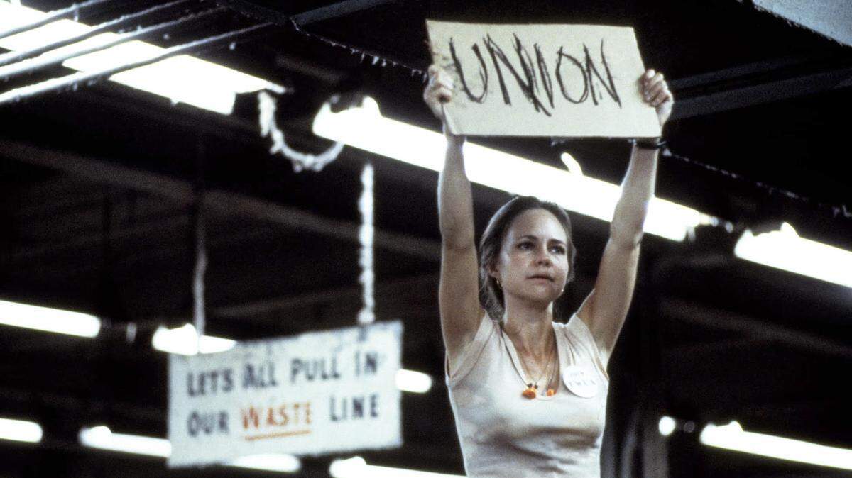 Actress Sally Field in a famous scene from the 1979 movie Norma Rae. The film is based on the true story of Crystal Lee Sutton, a North Carolina textile worker and union organizer.