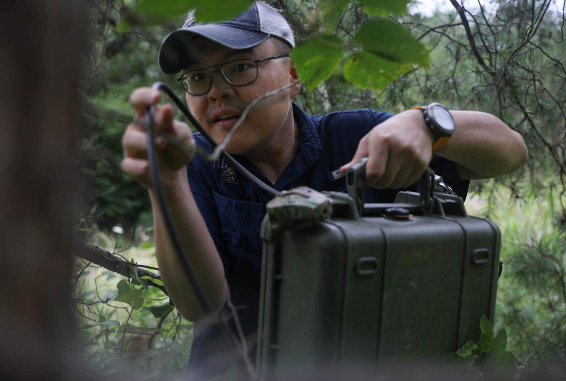 With a padlock in his back pocket, Mammologist Han Li ties the recording system attached to his high-frequency recorder around a nearby tree in Mayo State Park on July 9, 2020. Li is spending the summer studying the acoustic sounds made by bats in North Carolina.