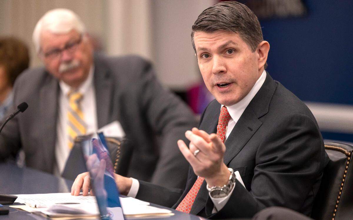 North Carolina Treasurer Brad Briner, seen here during a Council of State meeting on Feb. 4, 2025, said said the state passed on buying a portion of the NHL Hurricanes.