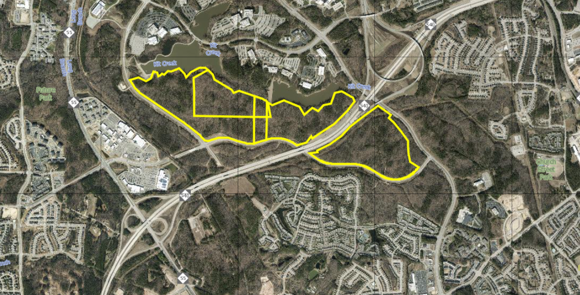 The parcels of land purchased for the new Apple campus in the Research Triangle Park.