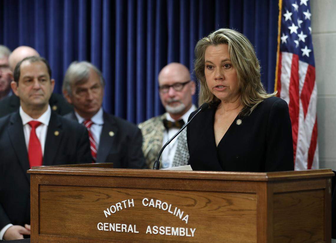 North Carolina Sen. Amy Galey speaks during a press conference held by N.C. Senate Republicans about the Parents’ Bill of Rights legislation on Wednesday, Feb. 1, 2023, in Raleigh, N.C.