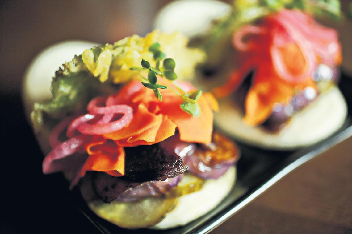The Vegetarian Bun is served in the upstairs izakaya at Tonbo Ramen in downtown Raleigh.