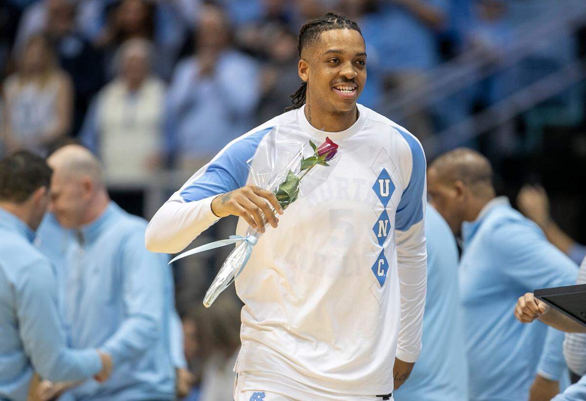 North Carolina’s Armando Bacot (5) is recognized on the final home game of the season prior to the Tar Heels’ game against Duke on Saturday, March 4, 2023 at the Smith Center in Chapel Hill, N.C.