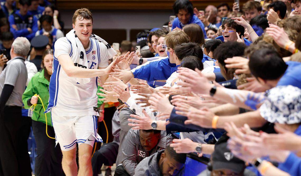 Duke’s Cooper Flagg thanks the Cameron Crazies as he runs off the court after Duke’s 93-60 victory over Wake Forest at Cameron Indoor Stadium in Durham, N.C., Monday, March 3, 2025.
