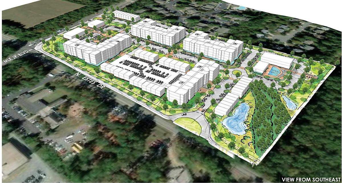 A model of the concept plan for Aura shows how the proposed development could look from Estes Drive. The project has taller buildings concentrated at the core, with one- to three-story buildings along the property boundaries.