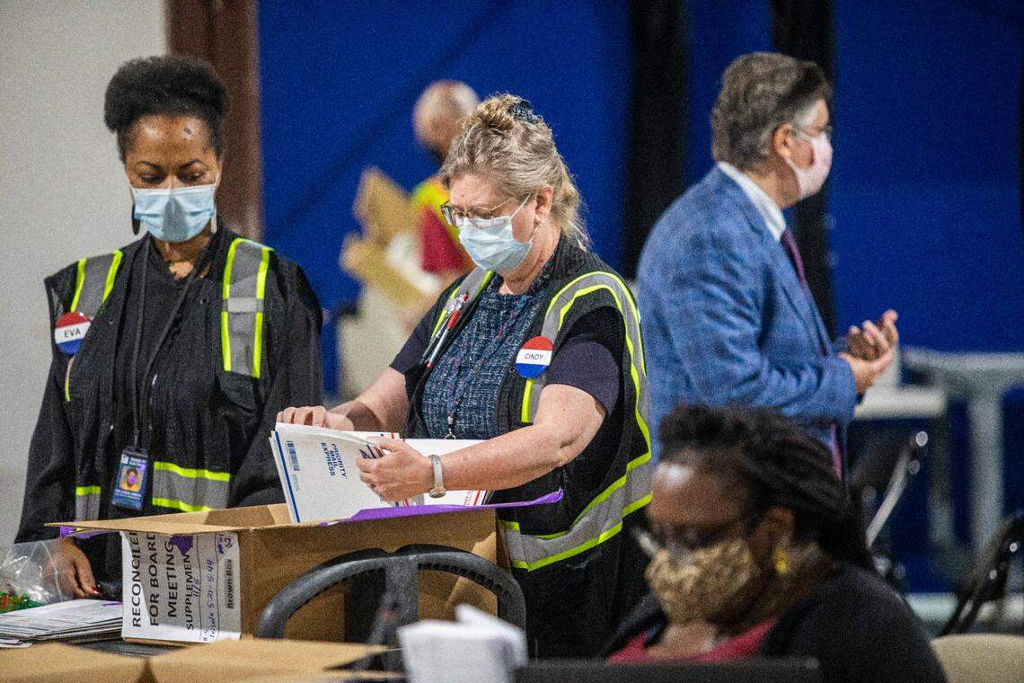 Election workers process absentee ballots Tuesday, Nov. 10, 2020 at the Wake County Board of Elections Operations Center in Raleigh.