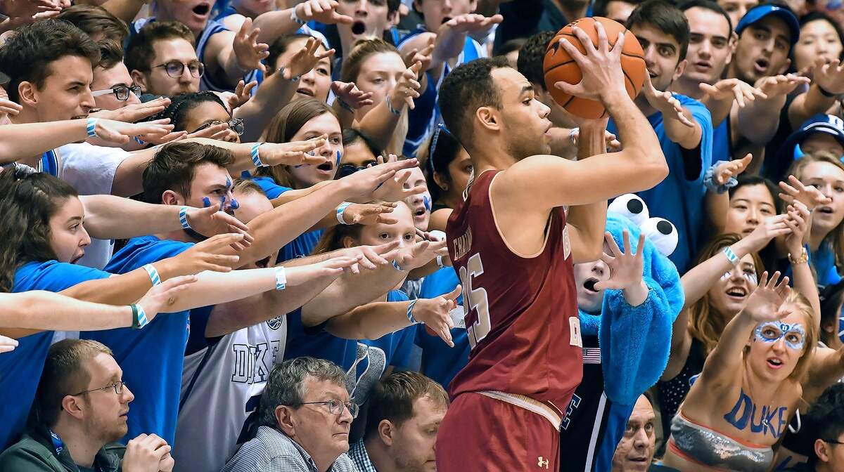 Boston College guard Jordan Chatman (25) gets some encouragement from the Cameron Crazies Duke defeated Boston College 80-55 at Cameron Indoor Stadium In Durham, N.C. Tuesday, Feb. 5, 2019.