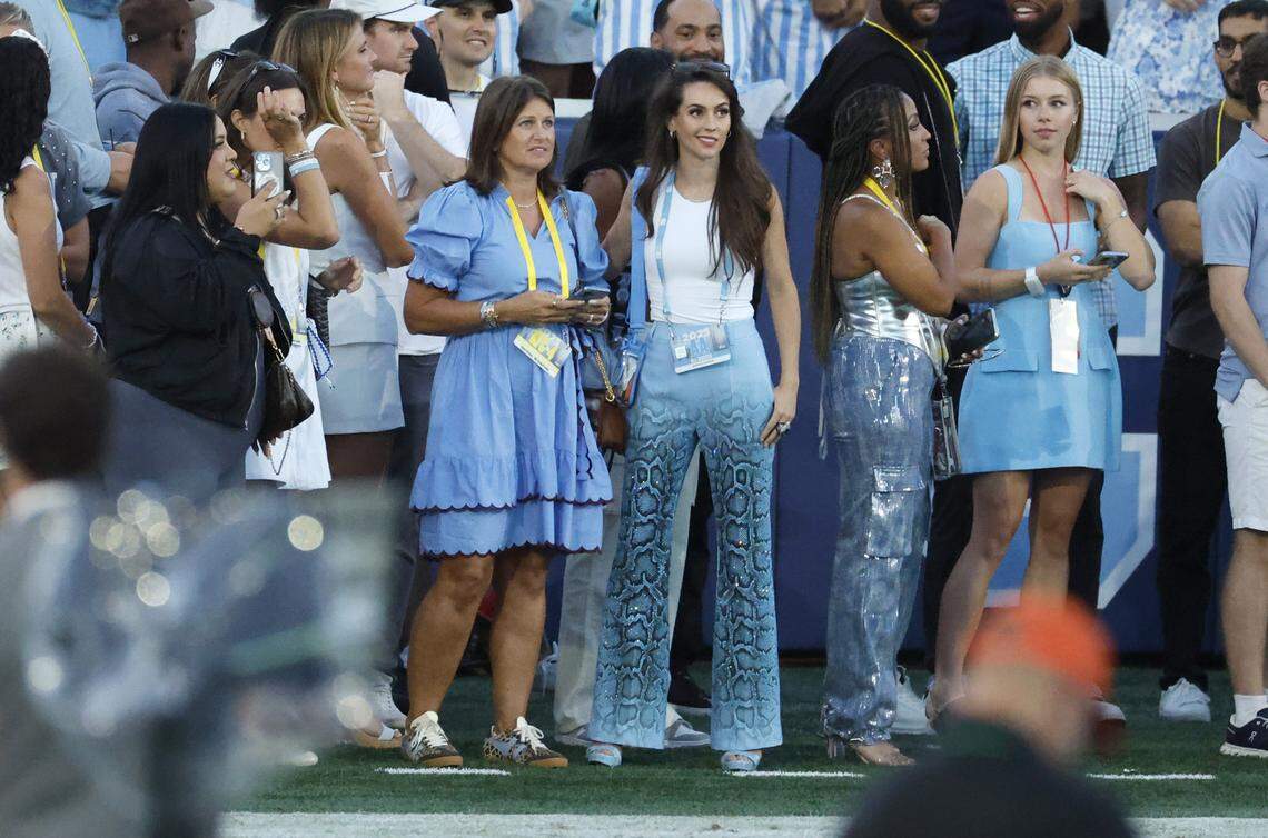 Jordon Hudson stands at the end zone as the North Carolina warms up before UNC’s game against TCU at Kenan Stadium in Chapel Hill, N.C., Monday, Sept. 1, 2025.
