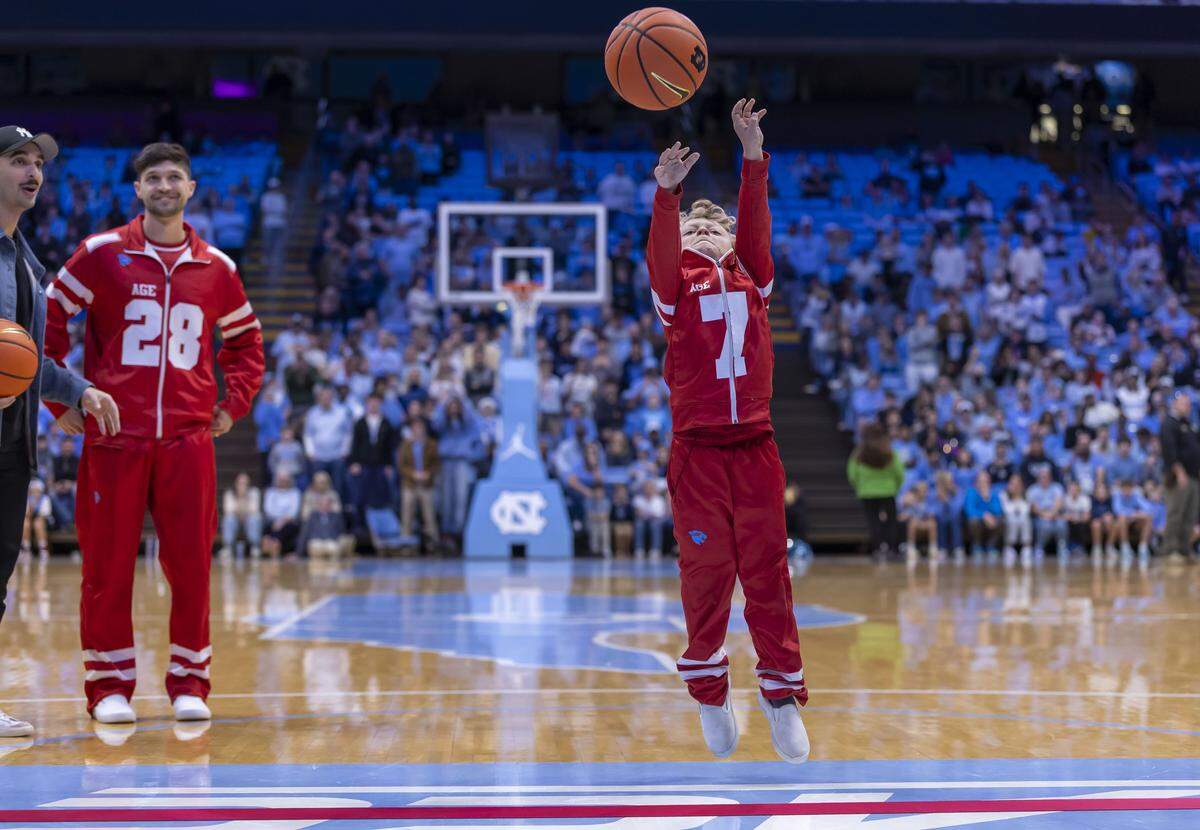 Seven-year-old Gunner Phillips of Cary, N.C. participates in a contest for $250,000 by YouTube Influencer MrBeast, on Saturday, December 13, 2025 at the Smith Center in Chapel Hill, N.C.