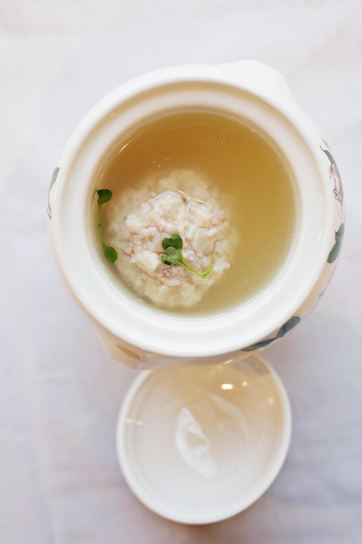 G.58 Cuisine’s Shizitou (aka lion’s head) meatball soup features a delicate rendition of the classic jumbo pork meatball in a broth whose sparkling clarity belies its rich flavor.
