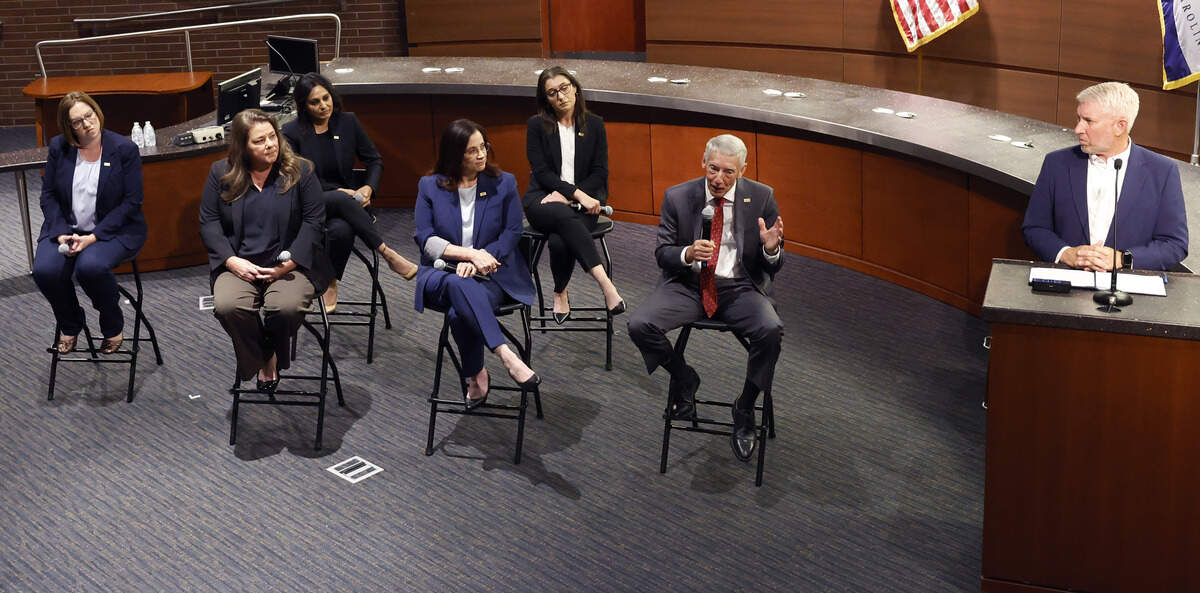 Members of the Cary Town Council answer questions during a news conference Thursday, July 16, 2026, to talk about the state auditor’s findings of their investigation into former Cary Town Manager Sean Stegall and Cary's spending practices.