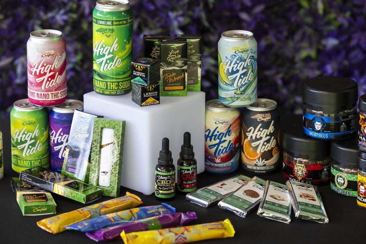 A display of hemp infused products at a Carolindica store in Raleigh on Tuesday, Nov. 25, 2025. A new federal provision could remove most hemp products from shelves, threatening North Carolina shops, growers and supply chains as businesses increase lobbying efforts.