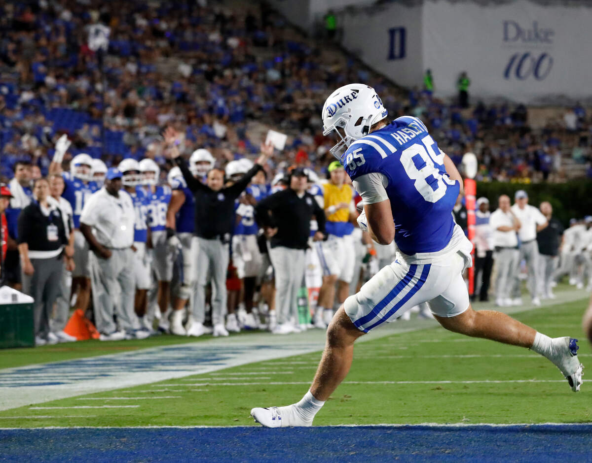 Duke’s Jeremiah Hasley scores a touchdown during the second half of the Blue Devils’ 26-3 win over Elon on Friday, Aug. 30, 2024, at Wallace Wade Stadium in Durham, N.C.
