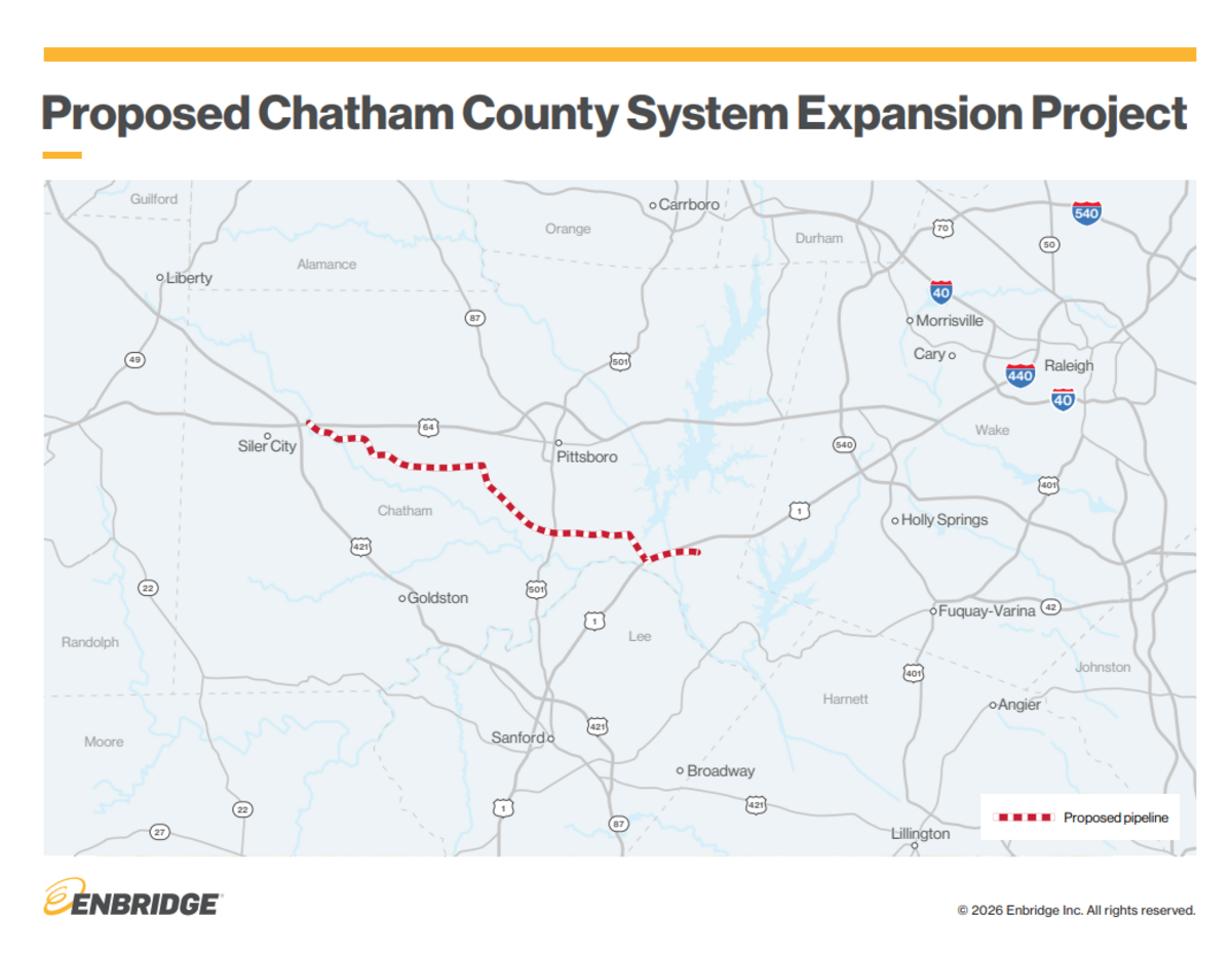 The proposed pipeline, 12 inches in diameter, would stretch from Siler City to Moncure.