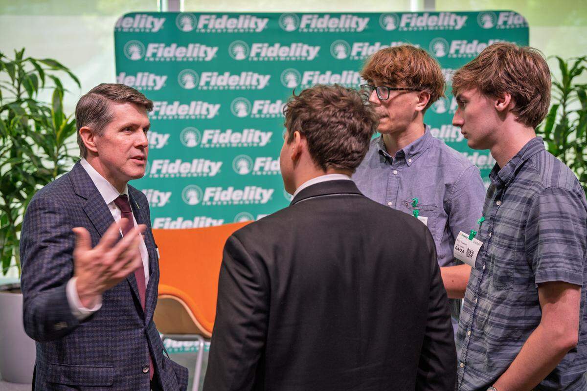 State Treasurer Brad Briner talks with students at the North Carolina Personal Finance Challenge State Championship at Fidelity Investments in Durham, N.C., on April 24, 2026