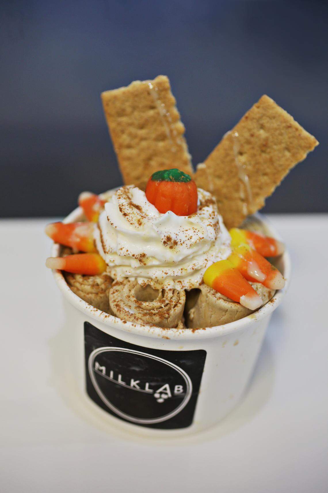 The Fallin’ For You Pumpkin Spice Thai rolled ice cream is a seasonal recipe currently on the menu at Milk Lab in Cary.