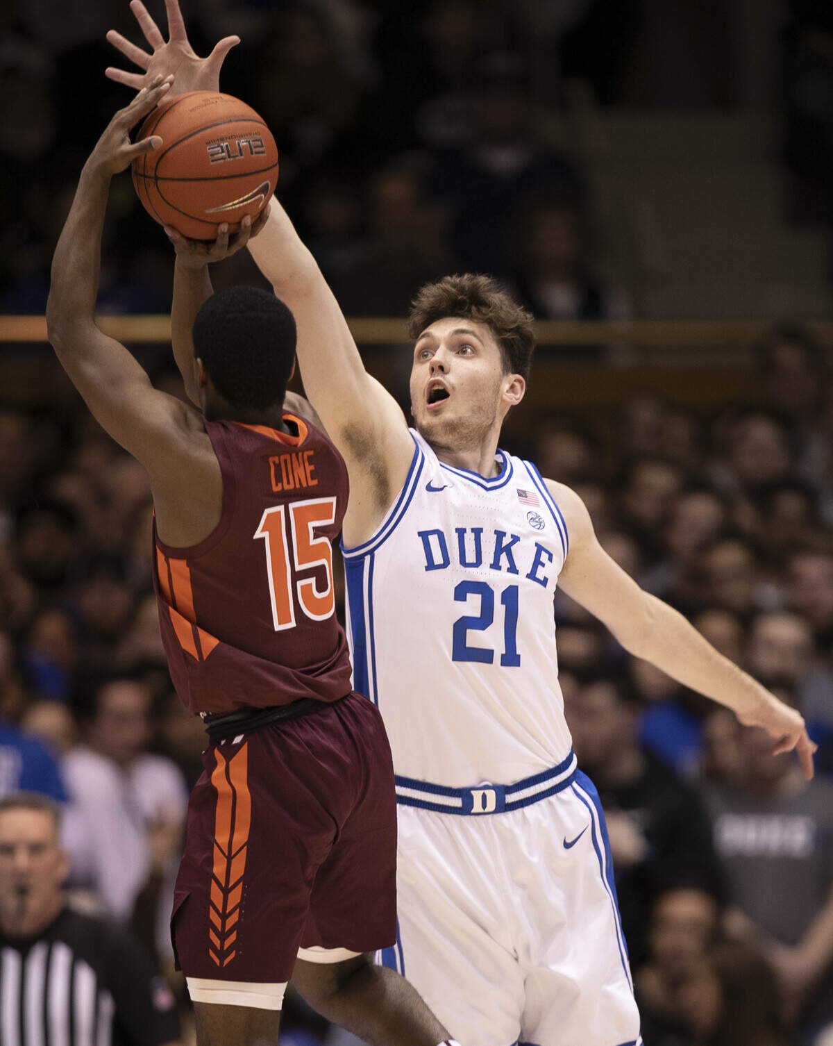 Duke’s Matthew Hurt (21) defends Virginia Tech’s Jalen Cone (15) during the first half on Saturday, February 22, 2020 at Cameron Indoor Stadium in Durham, N.C.