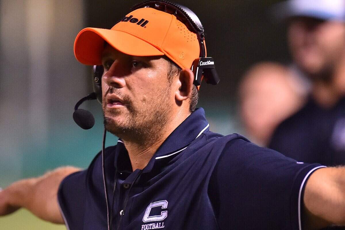 Cleveland head coach Scott Riley reacts to a play on the field. The Cardinal Gibbons Crusaders and the Cleveland Rams met in a non-conference football game in Raleigh, N.C. on September 7, 2018. Cleveland wins 44-35. Cleveland wins 44-35.
