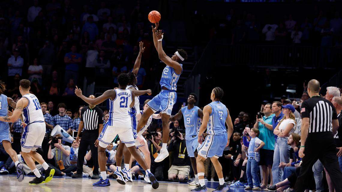 UNC’s Ven-Allen Lubin takes a last-second shot that missed, giving Duke the 74-71 win in ACC Tournament action.  The Tar Heels came back from a 24 point deficit at the half, only to fall short.