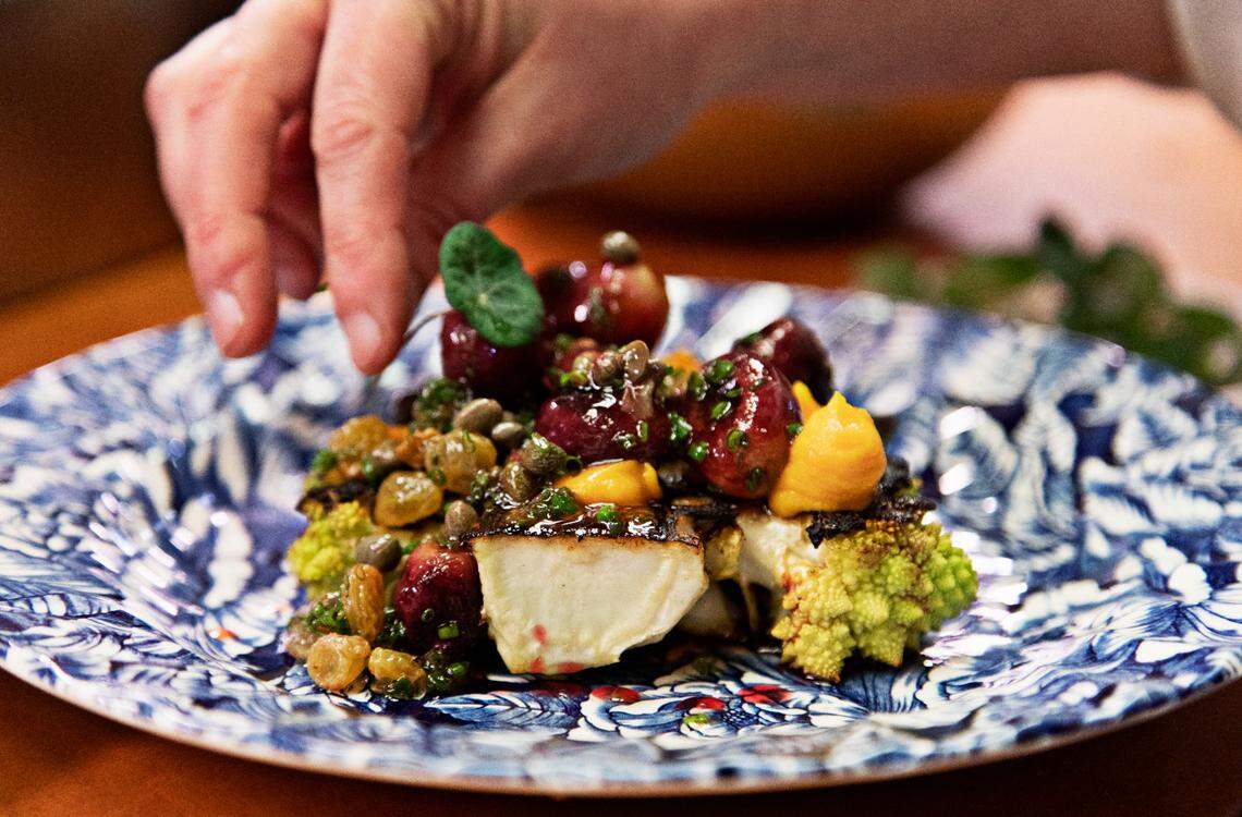 Roasted cauliflower with sweet potato, caper, date, pine nut and grape at Littler, the bygone Durham restaurant.