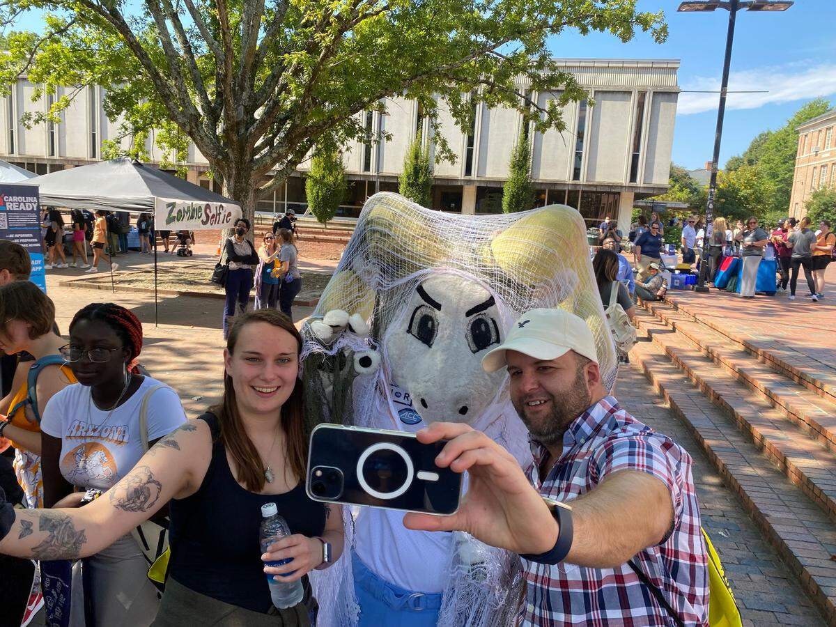 A zombie version of Ramses delighted and startled students and passers-by in the Pit on UNC Chapel-Hill campus Thursday during a safety preparedness festival.