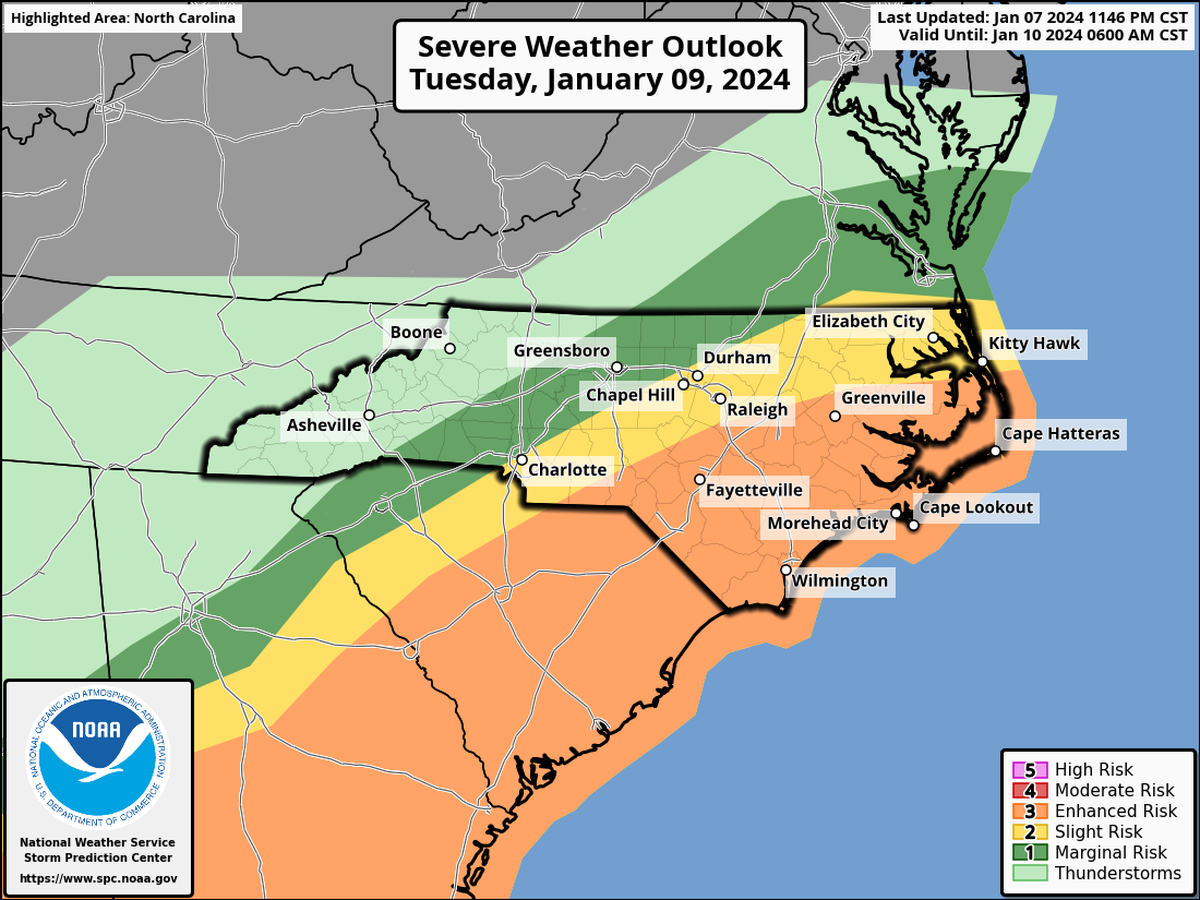 Thunderstorms are possible and in the Southeastern part of the state, from the Sandhills to the coast, there is a slight chance of tornadoes, especially Tuesday afternoon and evening.