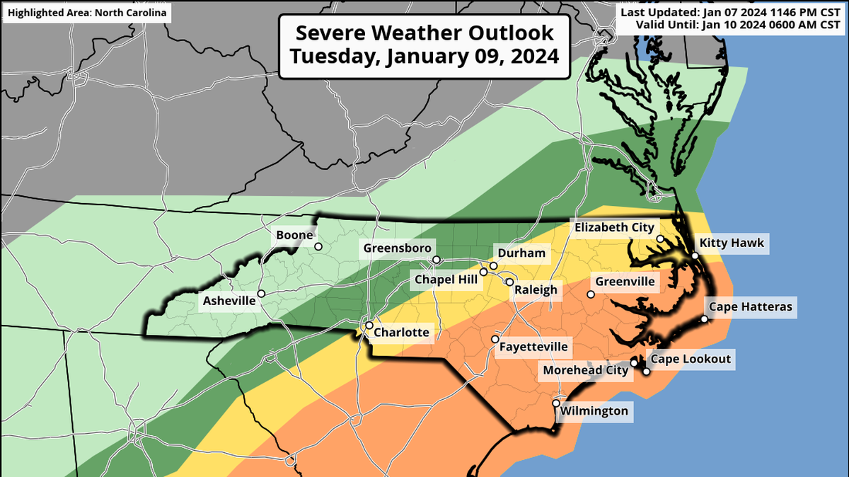 A winter storm moving into the Carolinas Tuesday has the potential for severe weather, especially in the southeastern part of the state.