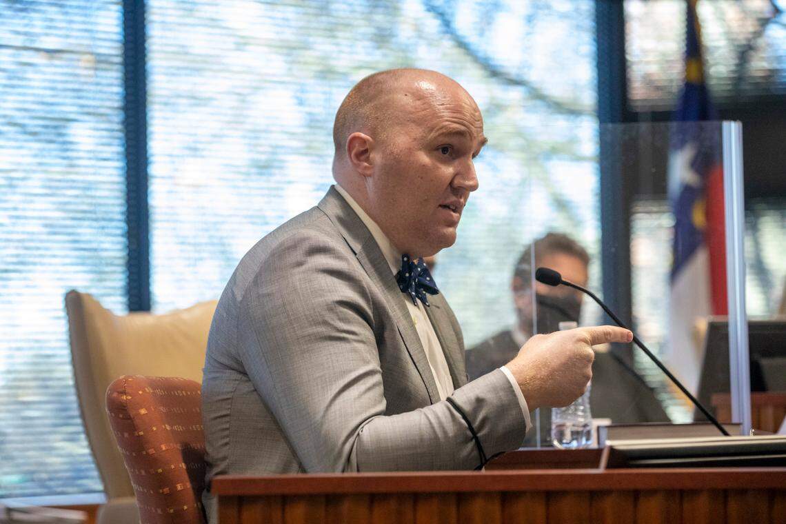 Daniel Magleby, a political scientist at Binghamton University testifies during a partisan gerrymandering trial over North Carolina’s new political maps Monday, Jan. 3, 2022 at Campbell University School of Law in Raleigh, NC.