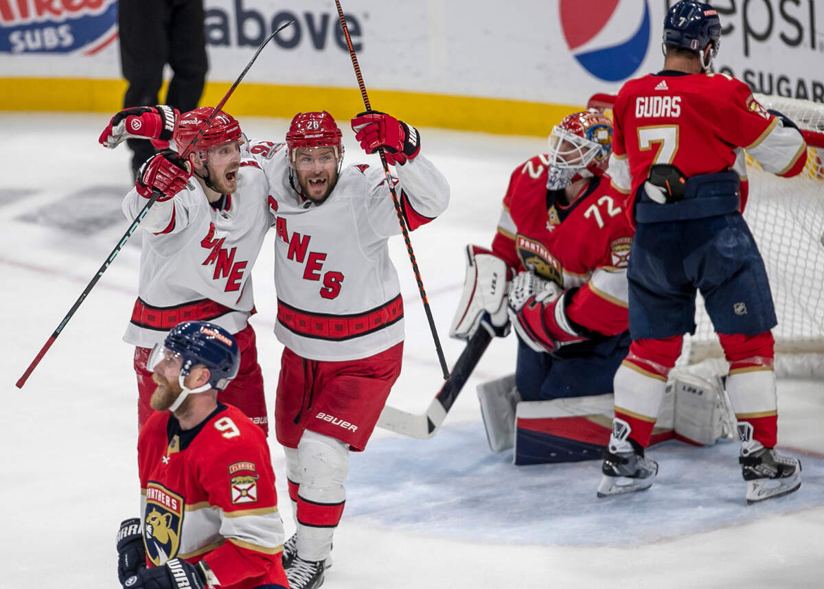 The Carolina Hurricanes Jesper Fast (71) celebrates with Paul Stastny (26) after scoring in the third period to tie the Florida Panthers 3-3 during game 4 of the Eastern Conference Finals on Wednesday, May 24, 2023 at FLA Live Arena in Sunrise, Fla.