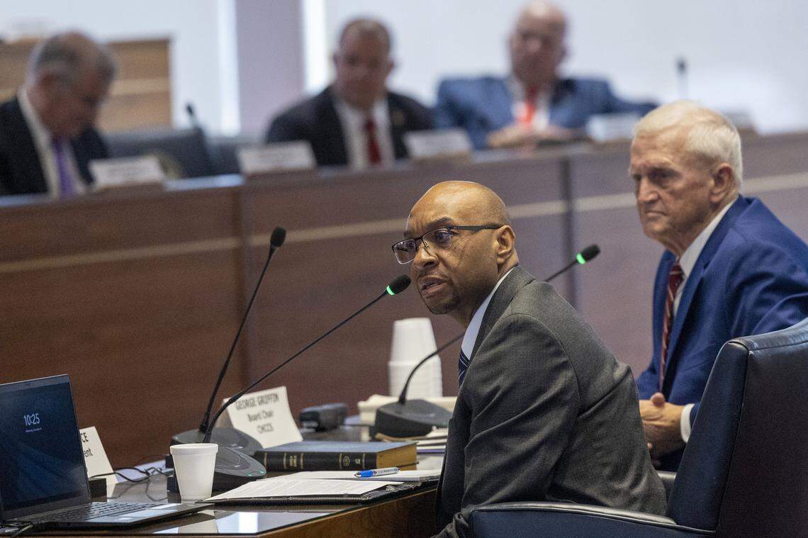 Chapel Hill-Carrboro City Schools Superintendent Rodney Trice, left, and School Board Chair George Griffin answer questions during a sometimes tense N.C. House committee hearing on Wednesday, Dec. 10, 2025, in the Legislative Building auditorium in Raleigh. 