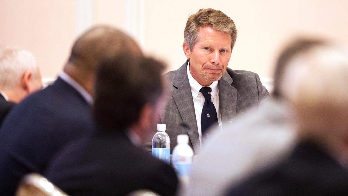 Kevin Guskiewicz, chancellor of UNC-Chapel Hill, listens during a UNC Board of Trustees meeting at The Carolina Inn in Chapel Hill, N.C. on Wednesday, July 14, 2021.