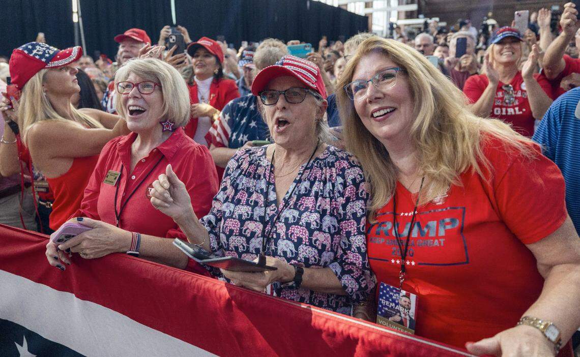 Vicki Thompson, Teresa Langley and Eileen McIntyre show their support for Republican Vice Presidential candidate Senator J.D. Vance as he arrives at Union Station on Wednesday, September 18, 2024 in Raleigh, N.C.