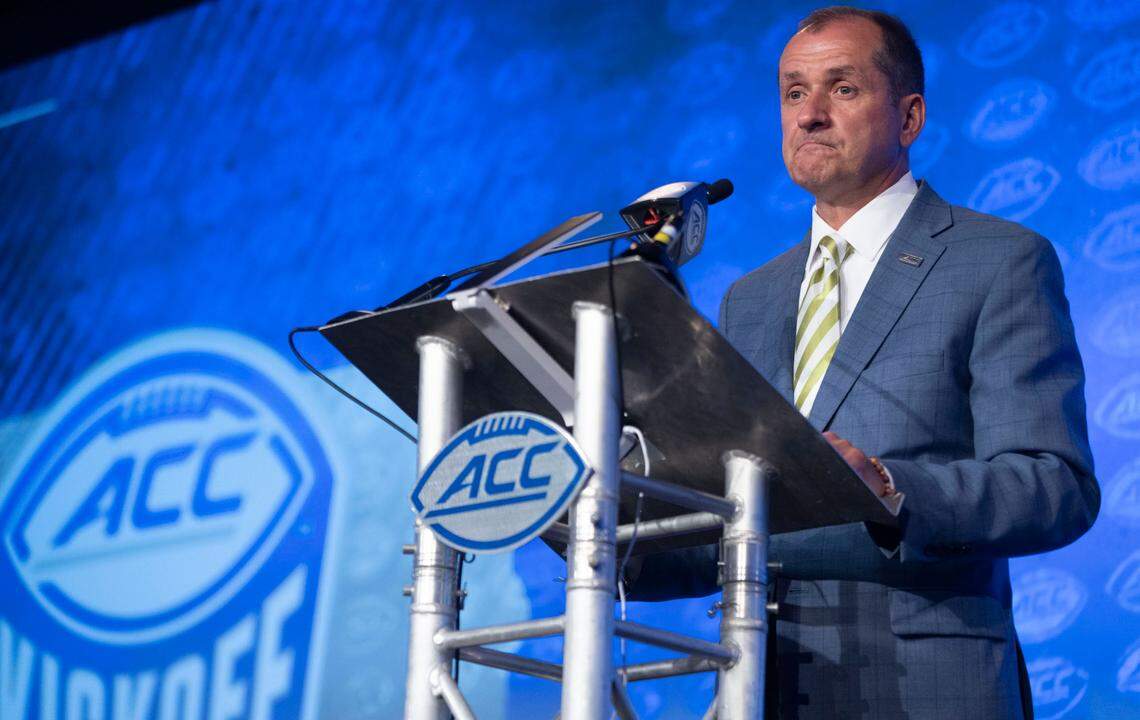 ACC Commissioner Jim Phillips answers questions about the future of the conference during his Commissioner’s Forum in the Westin grand ballroom during the 2022 ACC Football Kickoff on Wednesday, July 20, 2022 in Charlotte, N.C.