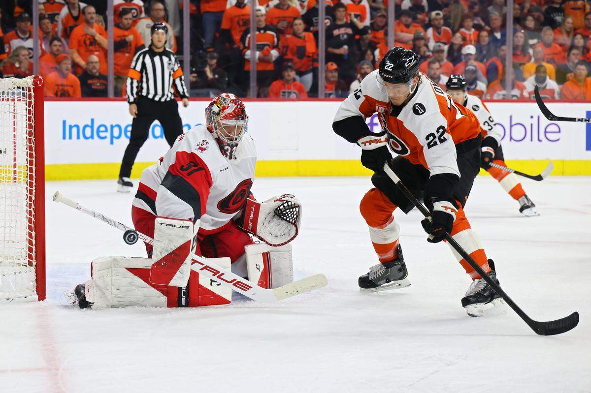 Carolina Hurricanes goalie Frederik Andersen defends the goal against Christian Dvorak of the Philadelphia Flyers during the second period in Game 3 of their Stanley Cup Playoffs second-round series at Xfinity Mobile Arena on May 7, 2026 in Philadelphia, Pennsylvania.