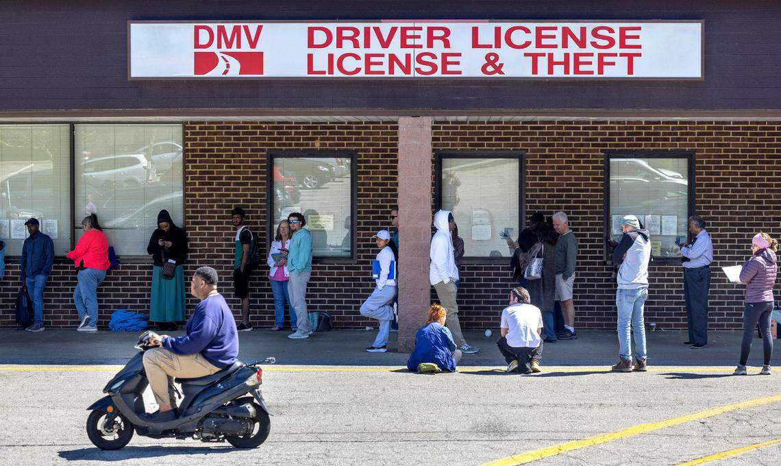 More than 40 people wait in line at the North Carolina DMV Driver’s License Office on Avent Ferry Road on April 10, 2025 in Raleigh