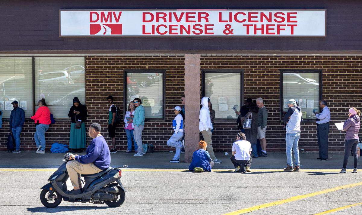 More than 40 people wait in line at the North Carolina DMV Driver’s License Office on Avent Ferry Road on April 10, 2025 in Raleigh