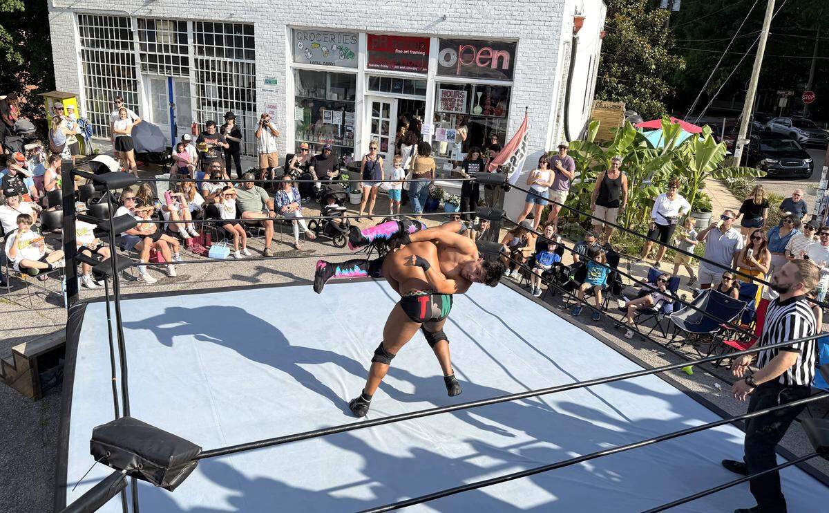 T. I. M. wrestles Piero Tenorio during Spring into the Ring presented by G.O.U.G.E. wrestling at Rebus Works in Raleigh, N.C., Saturday, May 16, 2026.