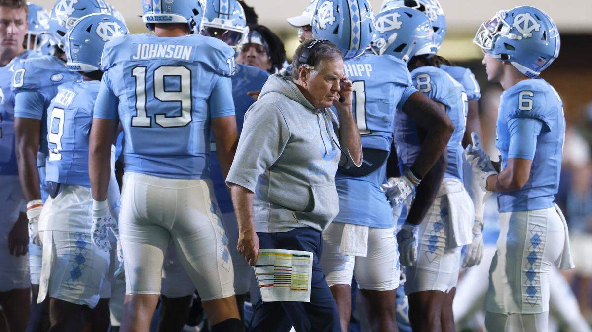 North Carolina head coach Bill Belichick walks back to the sideline after huddling with the team during the first half of UNC’s game against TCU at Kenan Stadium in Chapel Hill, N.C., Monday, Sept. 1, 2025.