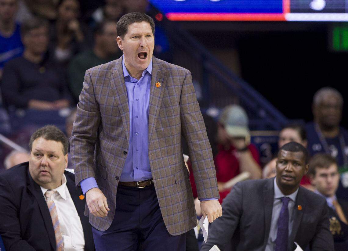 Clemson head coach Brad Brownell yells to his players during an NCAA college basketball game against Notre Dame Wednesday, March 6, 2019, in South Bend, Ind. Clemson won 64-62.