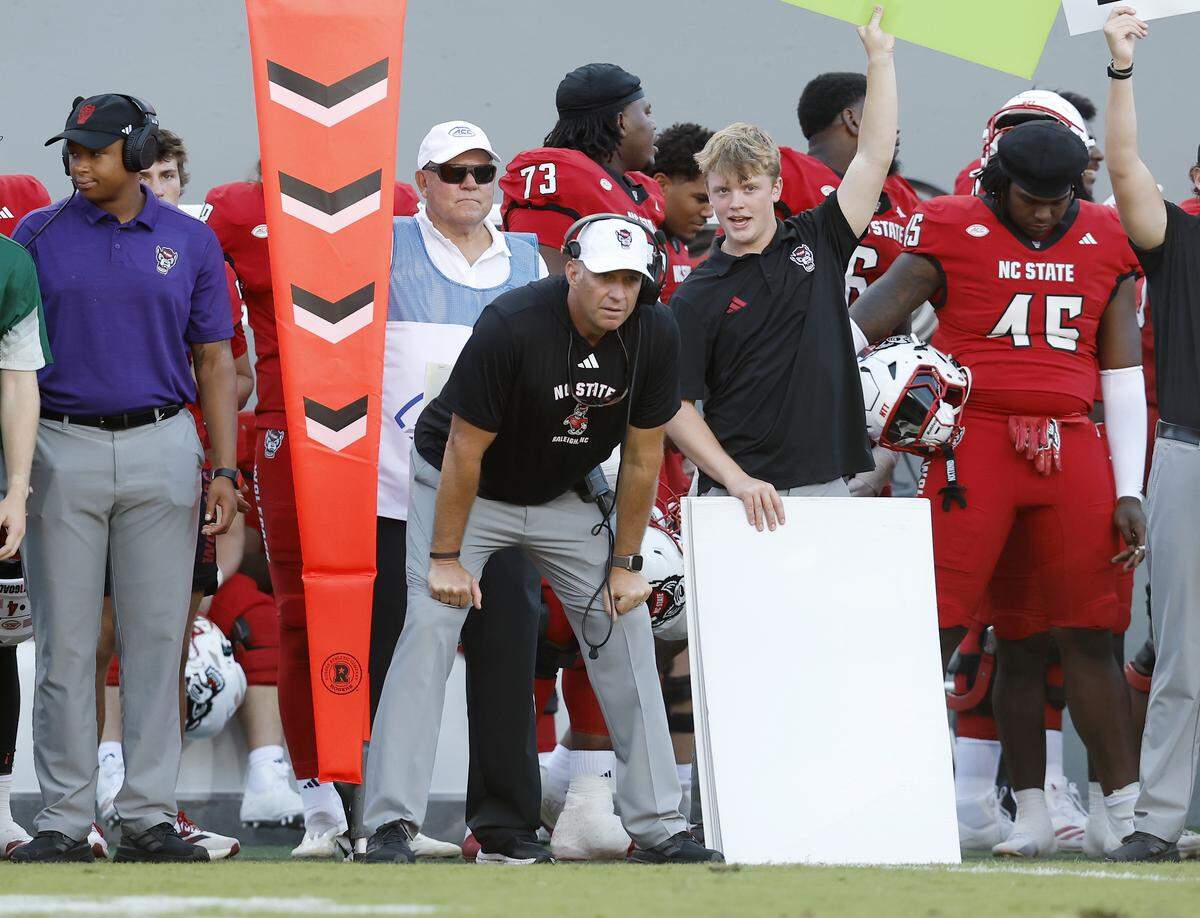 N.C. State head coach Dave Doeren watches from the sideline during the second half of the Wolfpack’s 56-10 win over Campbell on Saturday, Oct. 4, 2025, at Carter-Finley Stadium in Raleigh, N.C.