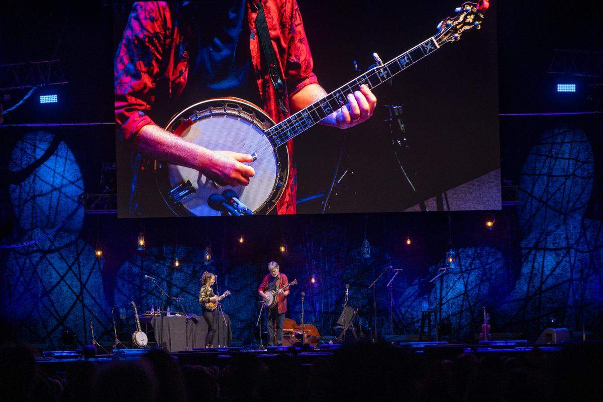 Sierra Hull and Béla Fleck perform a duet during the IBMA Bluegrass Live at Red Hat Amphitheater on Friday, October 1, 2021 in Raleigh, N.C.