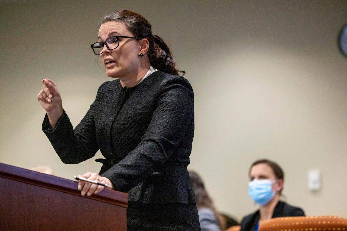 Allison Riggs, an attorney for some of the challengers seeking to have North Carolina’s new political maps ruled unconstitutional, speaks during a partisan gerrymandering trial Wednesday, Jan. 5, 2022, at Campbell University School of Law in Raleigh.